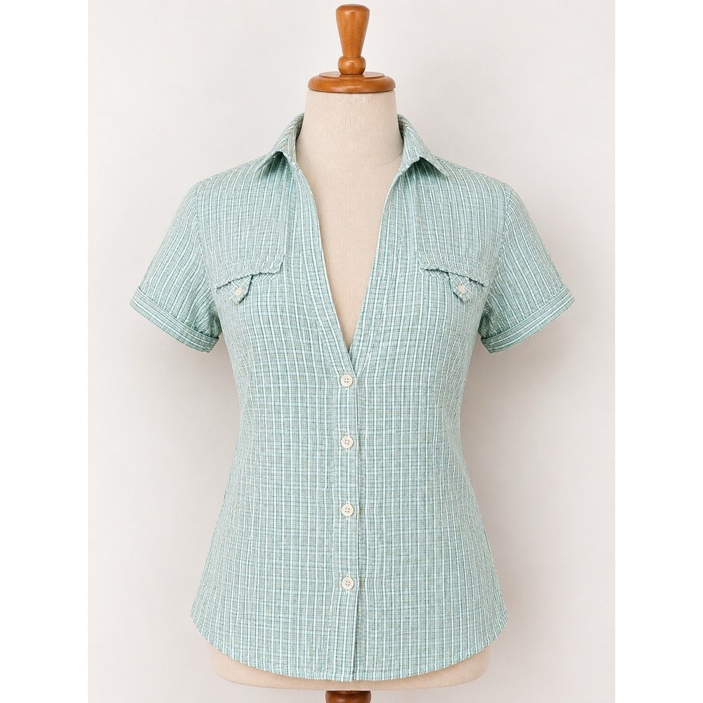 Eddie Bauer Womens M Green Plaid Seersucker V Neck Hiking Camp Shirt Cotton